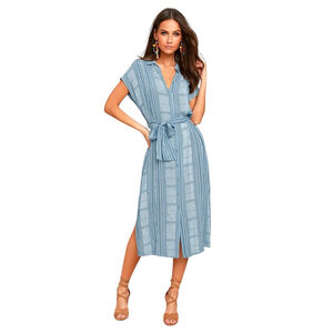 LUSH Blue Ivory Striped Midi Shirt Dress, L
